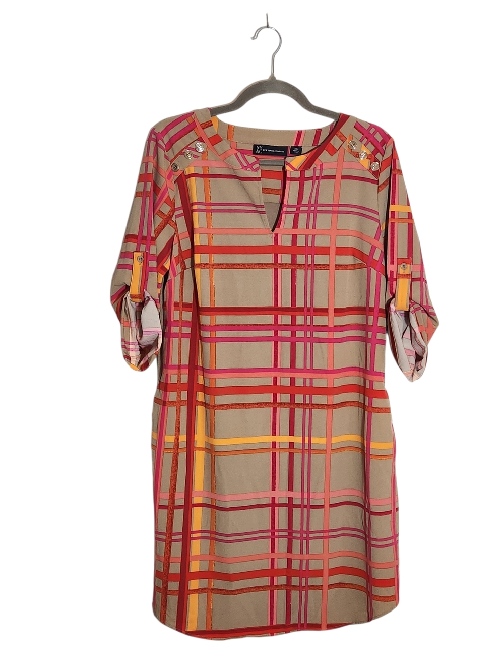 New York & Company Khaki Multi-Color Print Mini Dress Size XS NWT Flaw